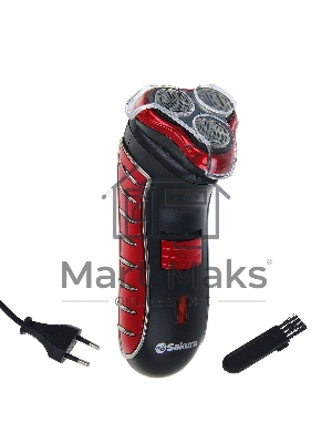 Электробритва Sakura SA-5414RB красно-черный(Бритва электрическая, сухое бритье, работа от аккумулятора. 3 бреющие головки. Индикатор заряда батарейки. Защитная крышка. Щеточка для очистки.)