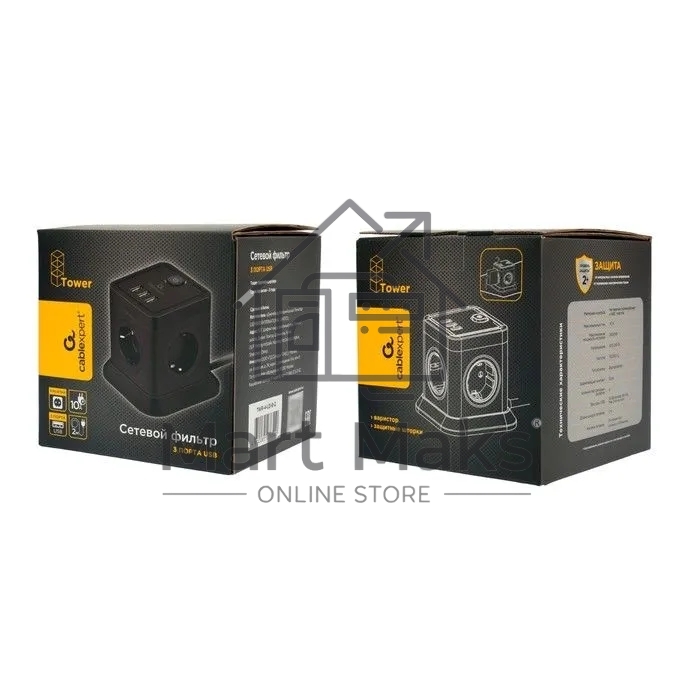 Сетевой фильтр Cablexpert Tower TWR-4-U3-B-2, 4р, 10А, 3xUSB, 3.1А, 2м, ур.защиты 2+, черный, коробка