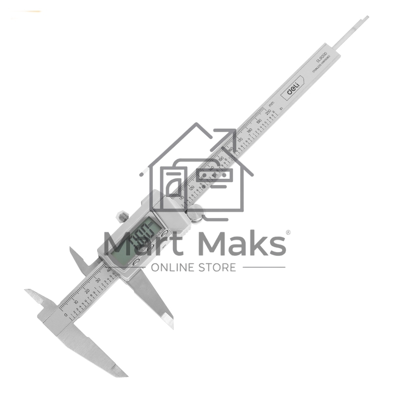 Электронный штангенциркуль Deli DL91200 200мм, метрическая/дюймовая конвертация, нержавеющая сталь, 3 кнопочное управление, светодиодный дисплей, 1,5В SR44.