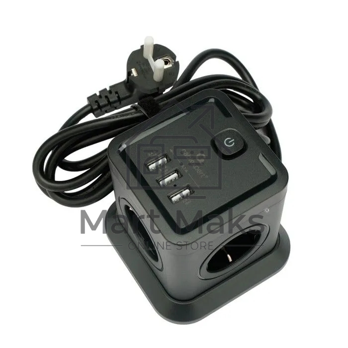 Сетевой фильтр Cablexpert Tower TWR-4-U3-B-2, 4р, 10А, 3xUSB, 3.1А, 2м, ур.защиты 2+, черный, коробка