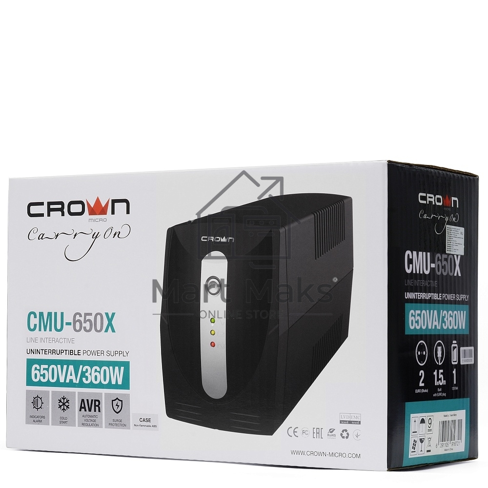 Источник бесперебойного питания Crown CMU-650X (650ВА/360 Вт; 2хEURO резервным питанием и фильтрацией; 12V/7AH х 1; пластик)