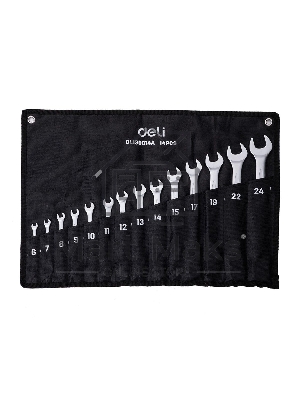 Набор комбинированных гаечных ключей 14 шт Deli DL130014A Спецификация: 6,7,8,9,10,11,12,13,14,15,17,19,22,24 мм. Матовая хромированная поверхность. Тканевая упаковка.