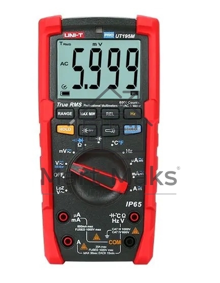 Профессиональный мультиметр UNI-T UT195M Напряжение постоянного/переменного тока (1000 В); постоянный/переменный ток (20А); Сопротивление (60 МОм); Емкость (60 мФ); Частота (40 МГц); Температура (1000 ℃)
