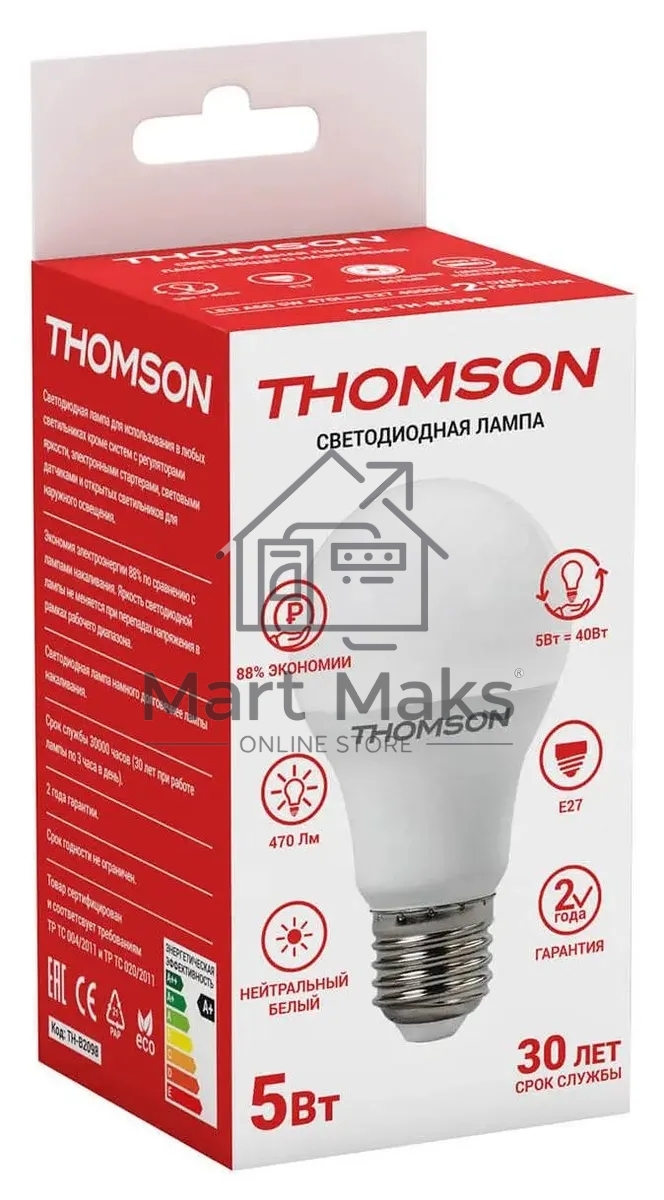 Лампа cветодиодная LED Thomson TH-B2098 E27, груша, 5Вт, 4000К, белый нейтральный, 1 шт.