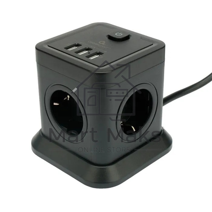 Сетевой фильтр Cablexpert Tower TWR-4-U3-B-2, 4р, 10А, 3xUSB, 3.1А, 2м, ур.защиты 2+, черный, коробка