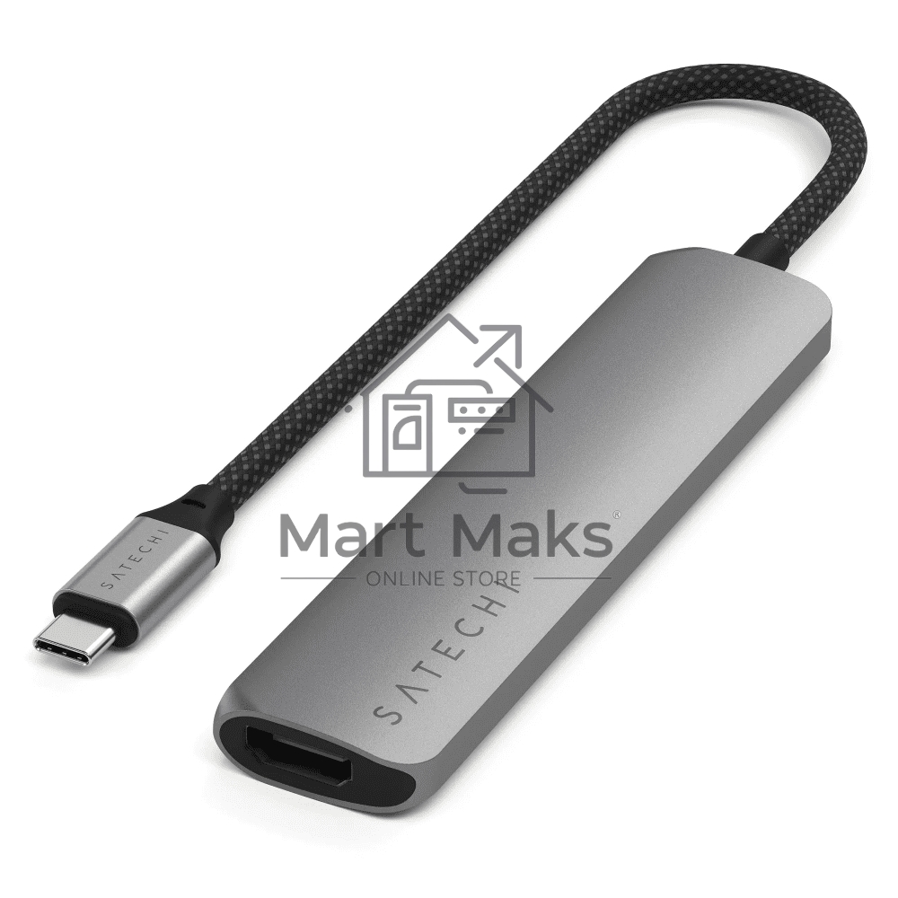 USB-концентратор Satechi 6-in-1 USB-C Slim Multiport Adapter (Type-C, HDMI, 2x Type-A, SD, microSD), до 75 Вт, Серый Док-станция ST-P6SM