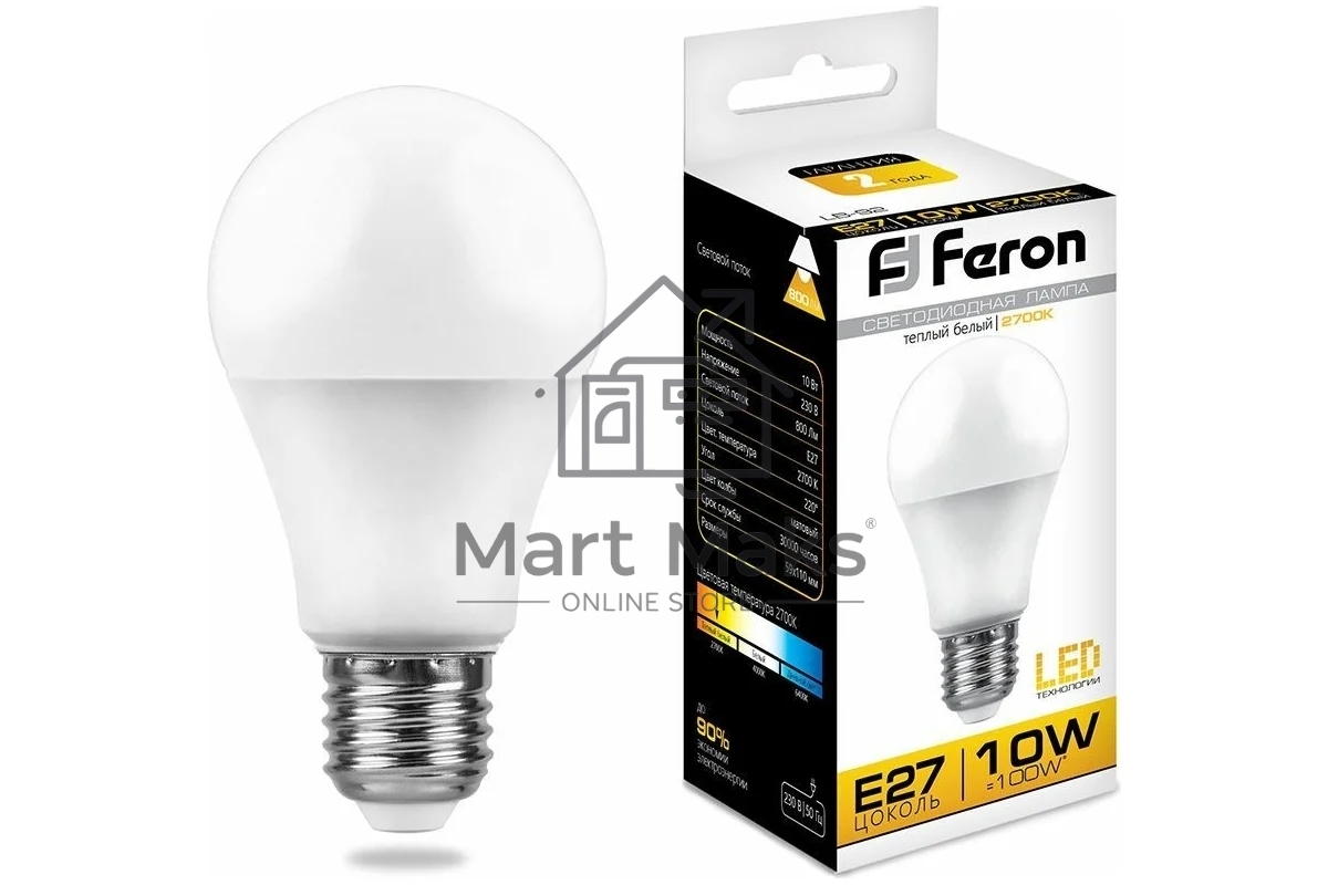 Лампа светодиодная FERON LB-92 (25457) 10W 230V E27 2700K A60
