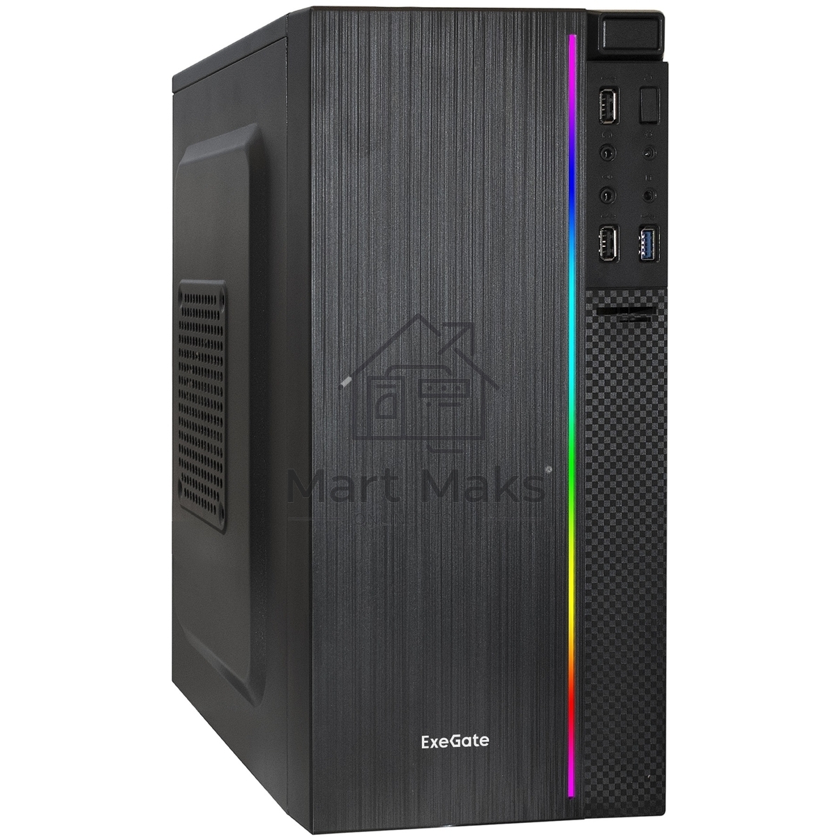 Компьютерный корпус Minitower ExeGate mEVO-9302-RGB-500W-12 (mATX, БП 500NPX с вент. 12см, 2*USB+1*USB3.0, HD аудио, черный с RGB подсветкой)