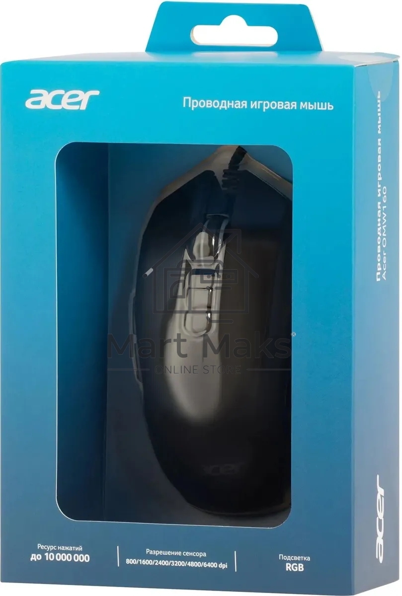 Мышь проводная Acer OMW160 черный, 6400 dpi, USB, кнопки - 8