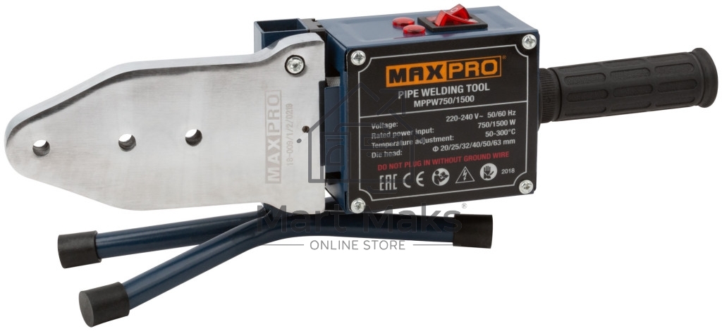 Аппарат сварочный для пластиковых труб MAX-PRO 750/1500 Вт, 50-300?, 6 насадок, 5,8 кг, диаметры труб 20/25/32/40/50/63мм, металлический кейс
