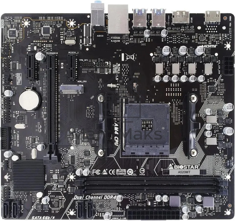 Материнская плата Biostar A520MT, Socket AM4, AMD A520, 2xDDR4, 4xSATA, 1xPCI-E 3.0 x16, 2xPCI-E x1, 1xM.2 PCIe 3.0 x4/SATA III, 1xHDMI, 1xDisplayPort, 1x 1Gb LAN, 2xUSB-A 2.0, 4xUSB-A 3.2 Gen 1, 3x3.5мм, 7.1, mATX