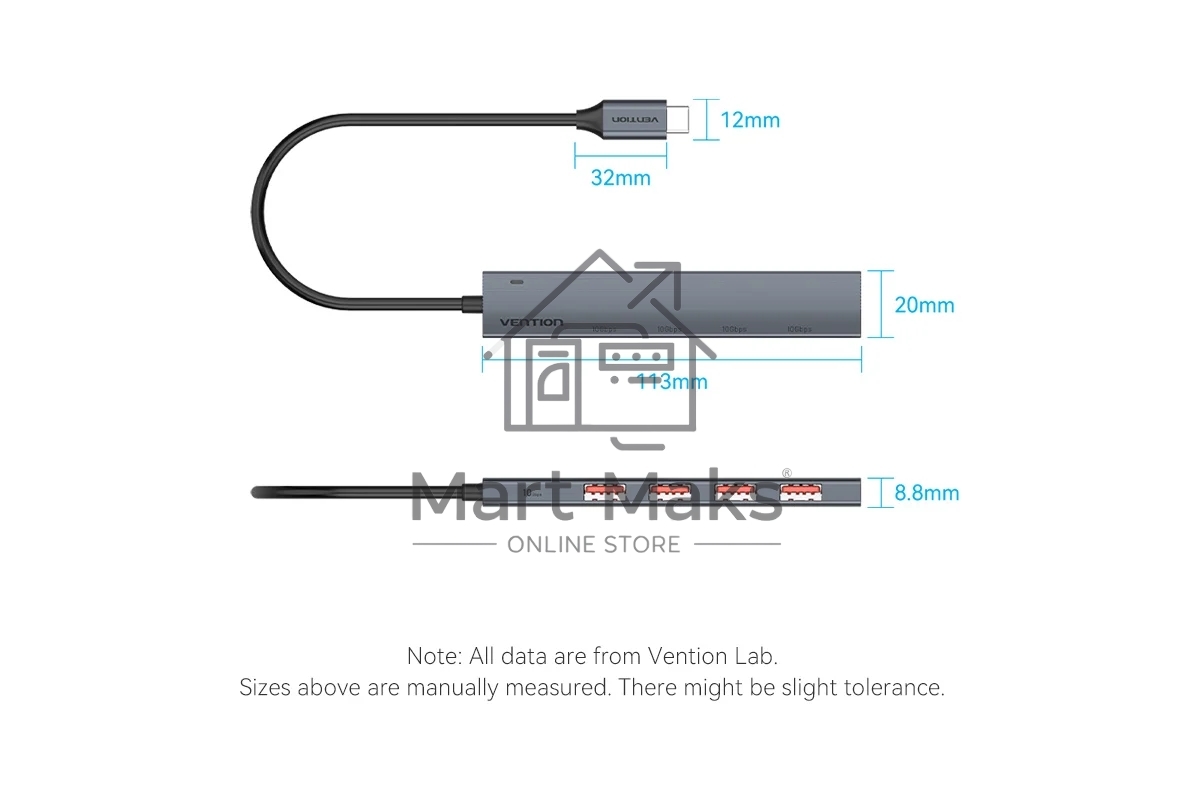 Концентратор Vention OTG USB 3.2 Gen 2 Type-C на 4 USB порта + USB-C PD Серый - 0.15м.