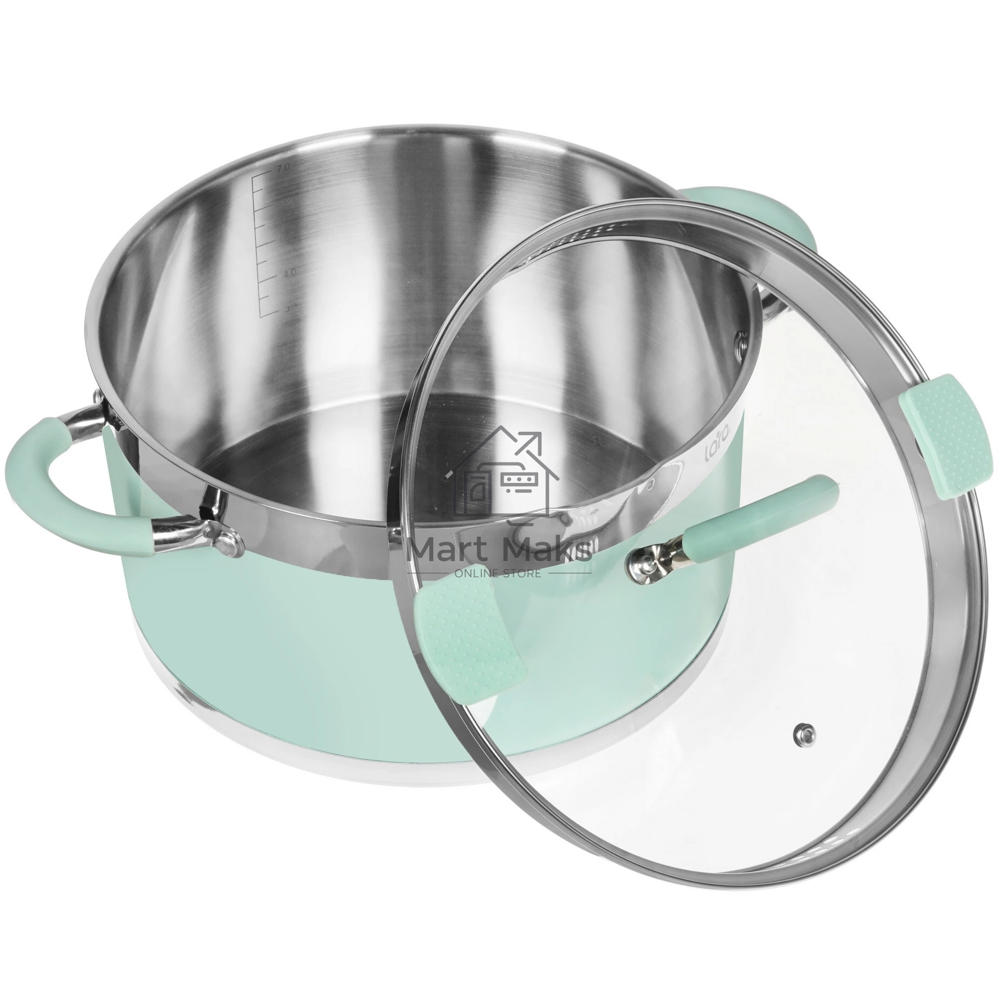 Кастрюля LARA LR02-545 MINT 26x14 см, 7,2 л, носик, индукционное дно, крышка с бортом, нержавеющая сталь