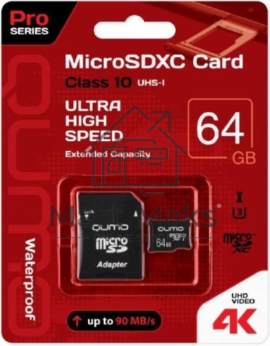 Флеш карта QUMO MicroSDXC 64GB Сlass 10 UHS-I,3.0 без адаптера SD, черно-красная картонная упаковка