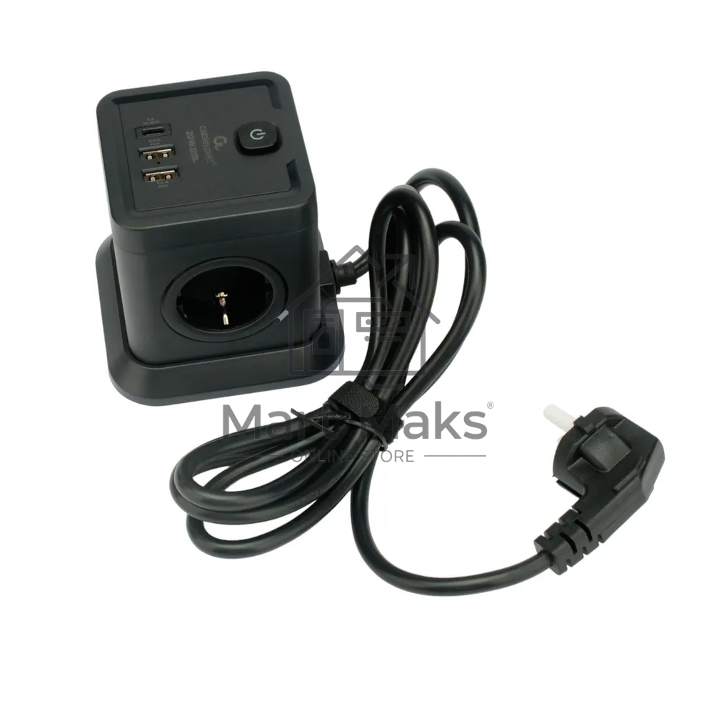Сетевой фильтр Cablexpert Tower TWR-4-CU2-B-2, 4р, 10А, 1xType-C PD, 20Вт, 2хUSB, 2м, ур.защиты 2+, черный, коробка