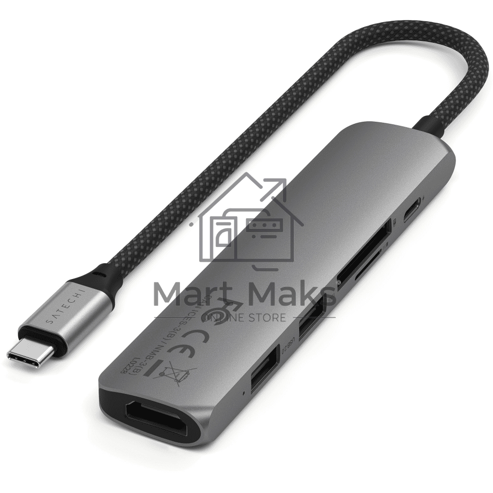 USB-концентратор Satechi 6-in-1 USB-C Slim Multiport Adapter (Type-C, HDMI, 2x Type-A, SD, microSD), до 75 Вт, Серый Док-станция ST-P6SM
