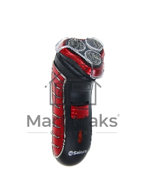 Электробритва Sakura SA-5414RB красно-черный(Бритва электрическая, сухое бритье, работа от аккумулятора. 3 бреющие головки. Индикатор заряда батарейки. Защитная крышка. Щеточка для очистки.)