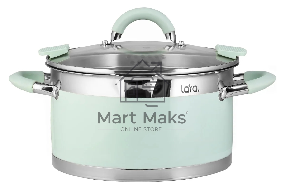 Кастрюля LARA LR02-545 MINT 26x14 см, 7,2 л, носик, индукционное дно, крышка с бортом, нержавеющая сталь