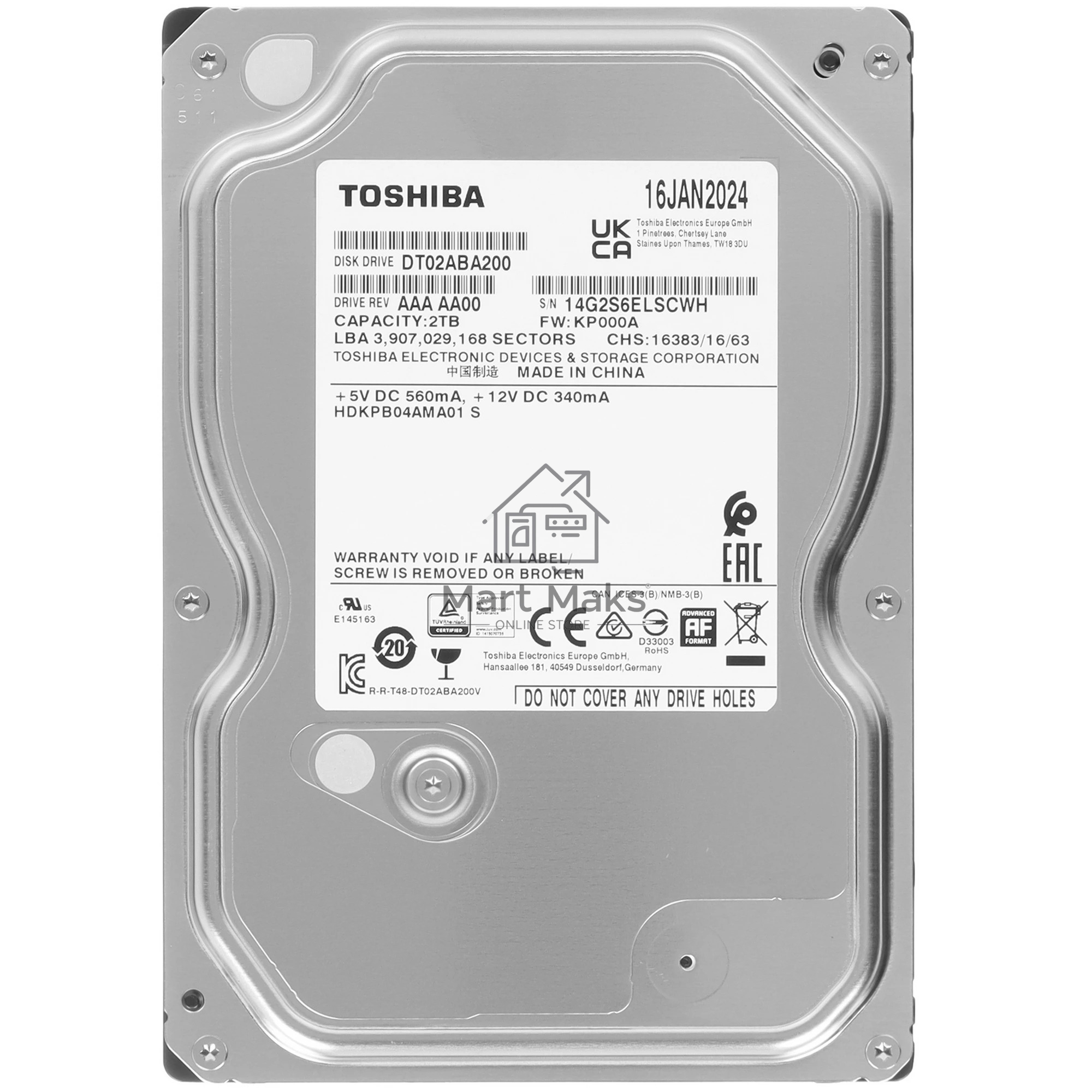 Жесткий диск HDD Toshiba DT02 2Tb 5400rpm SATA-III 128Mb 3.5