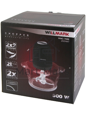 Измельчитель Willmark WMC-7088 (500Вт., стекл. чаша 2л., двойн. лезвия., рез. основание) черный