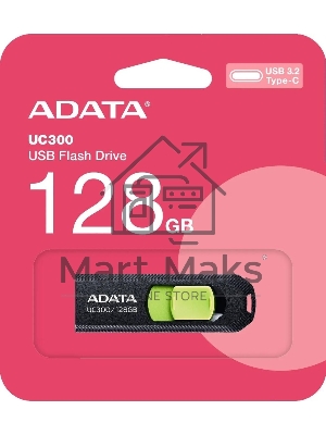 Флешка USB ADATA UC300 (ACHO-UC300-128G-RBK/GN), 128Gb, Type-C USB 3.2, R/W 100/30, черный/зеленый