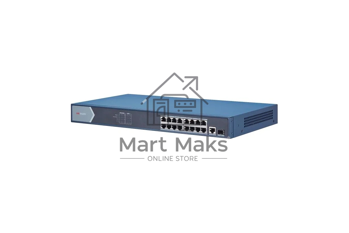 Коммутатор Hikvision DS-3E0518P-E, 16×1 Гбит/с PoE+ + 1×1 Гбит/с RJ45 + 1×1 Гбит/с SFP, неуправляемый
