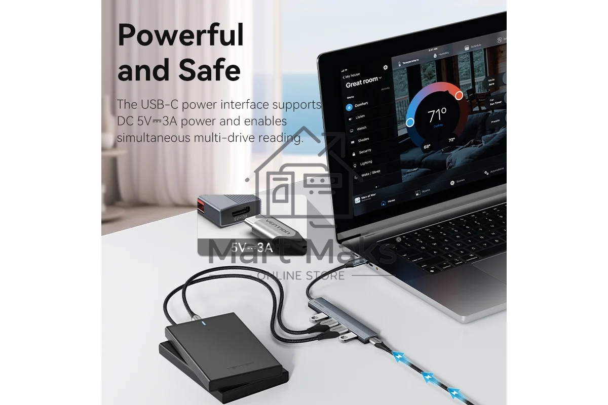 Концентратор Vention OTG USB 3.2 Gen 2 Type-C на 4 USB порта + USB-C PD Серый - 0.15м.
