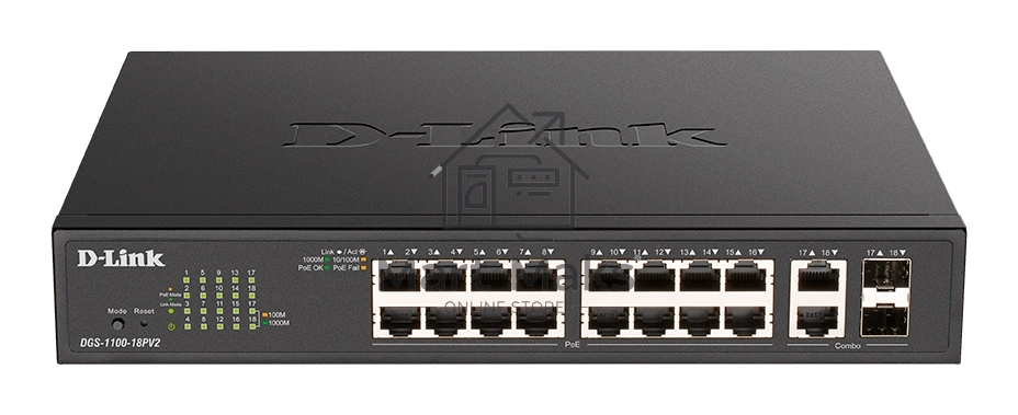 Коммутатор D-Link DGS-1100-18PV2/A3A, 16×1 Гбит/с + 2×1 Гбит/с Combo, настраиваемый
