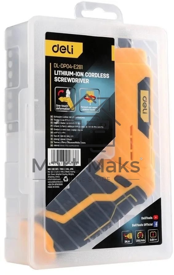 Отвертка аккумуляторная Deli DL-DP04-E2B1 (3,6В, 1,5А*ч, 3Нм, набор бит 10 шт, пласт. кейс)