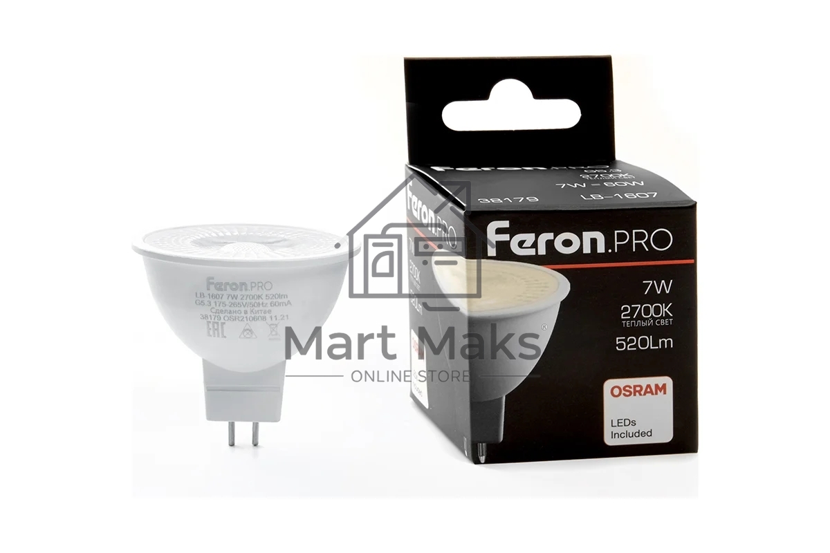 Лампа светодиодная FERON PRO LB-1607 (38179) 7 вт 230в G5.3 теплый с линзой 38 гр.