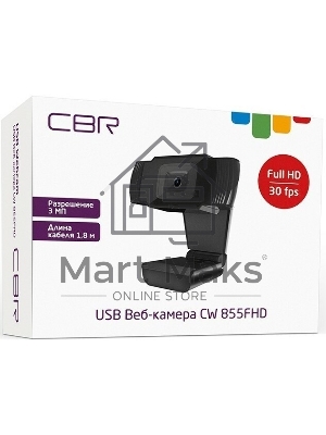 Веб-камера с матрицей 3 МП, CBR CW 855FHD Black, разрешение видео 1920х1080, USB 2.0, встроенный микрофон с шумоподавлением, фикс.фокус, крепление на мониторе, длина кабеля 1,8 м, черный