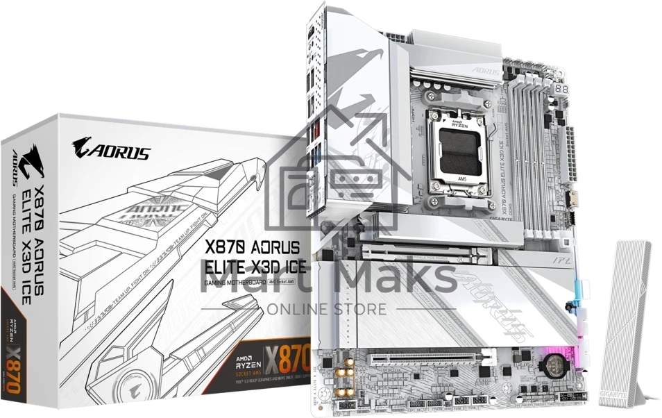 Материнская плата Gigabyte X870 AORUS ELITE X3D ICE, AM5, AMD X870, 4xDDR5, 2xSATA, 4xM.2, 1xPCIe 5.0 x16, 1xPCIe 4.0 x16, 1xHDMI, 1x5Gb LAN, Wi-Fi 7, Bluetooth 5.4, 2xUSB-C 40Gbps (USB4), 1xUSB-C 10Gbps, 2xUSB-A 10Gbps, 4xUSB-A 5Gbps, 1xUSB-A 2.0, 3x3.5 мм + S/PDIF оптический, 7.1, ATX