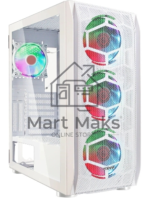 Компьютерный корпус Ginzzu GL 390 боковая дверца закаленное стекло на петлях на магнитах, controller CRC10, 4* 12R6W FAN 12CM RGb белый
