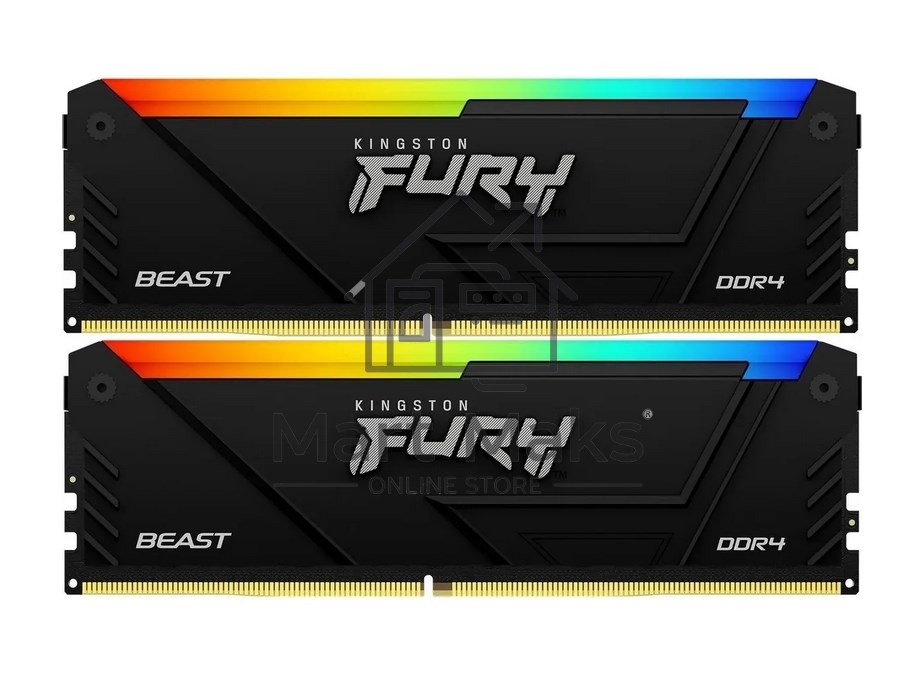 Оперативная память Kingston Fury Beast, DDR4, 32GB (2x16GB), 3200MHz, CL16, DIMM, с радиатором, RGB, черный
