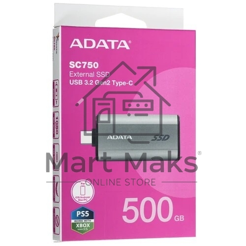 Твердотельный диск A-DATA External SC750 серый SC750-500G-CCBK 500GB USB 3.2 Gen 2 Type-C, R/W -1050/1000 MB/s