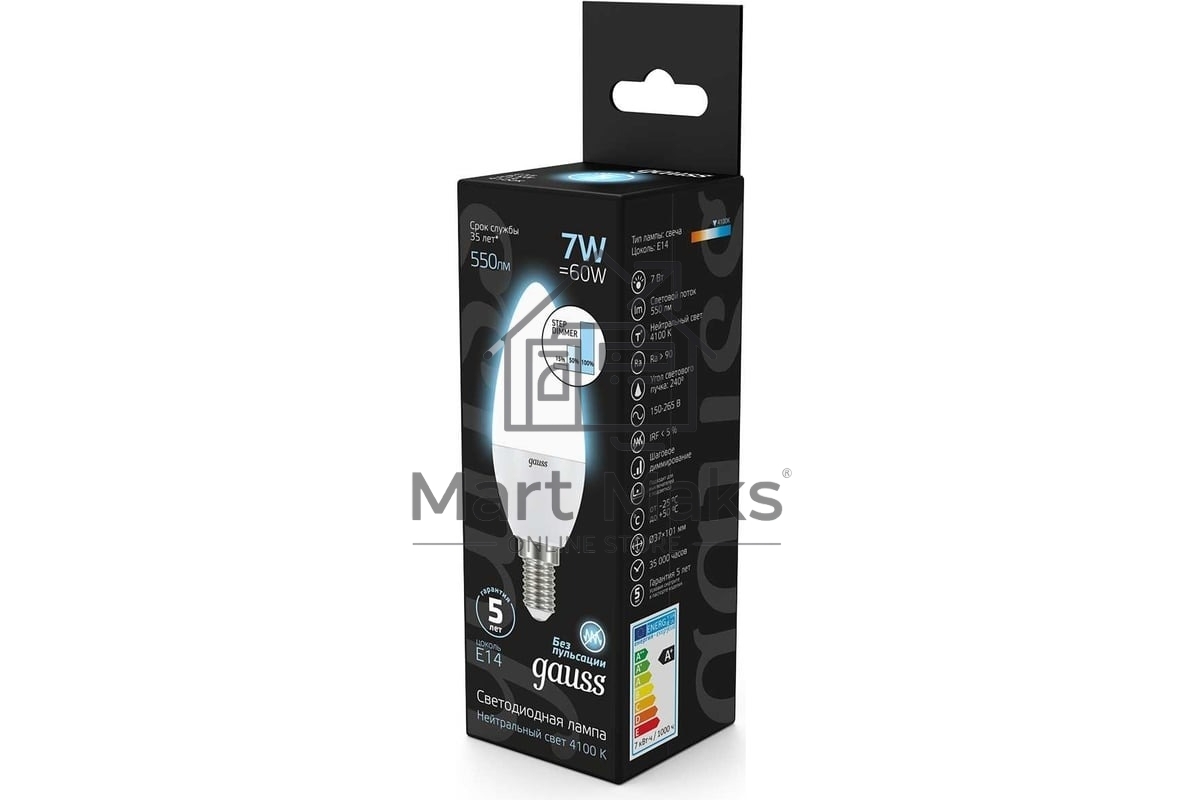 Лампа светодиодная Gauss LED Candle 7Вт E14 4100К step dimmable (диммир.) 103101207-S