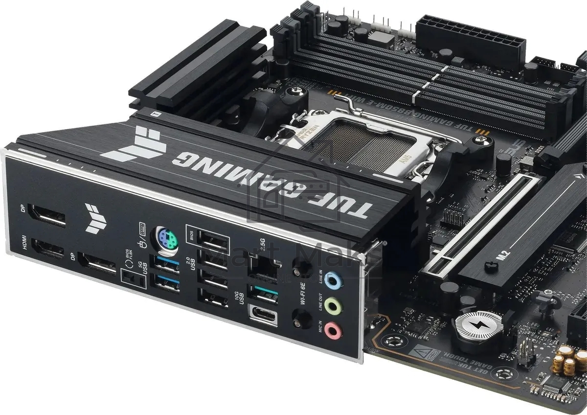 Материнская плата ASUS TUF GAMING B850M-E WIFI, AM5, AMD B850, 4xDDR5, 4xSATA, 3xM.2, 1xPCIe 5.0 x16, 1xPCIe 3.0 x1, 1xHDMI, 2xDP, 1x2.5Gb LAN, Wi-Fi 6E, Bluetooth 5.3, 1xUSB-C 10Gbps, 1xUSB-A 10Gbps, 2xUSB-A 5Gbps, 4xUSB-A 2.0, 3x3.5 мм, 7.1, mATX