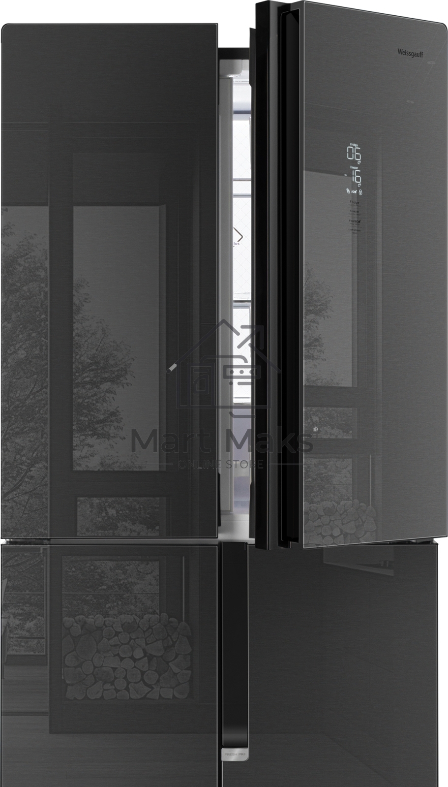 Холодильник Weissgauff WCD 450 INOX GLASS нержавеющая сталь трехкамерный 286/141л морозилка снизу, No Frost, Side by Side