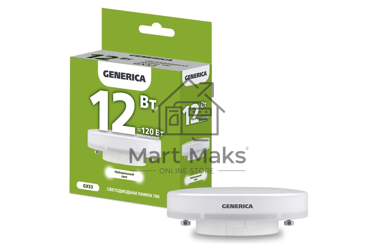 Лампа светодиодная GENERICA LL-T80-12-230-40-GX53-G T80 12Вт таблетка 4000К GX53 230В