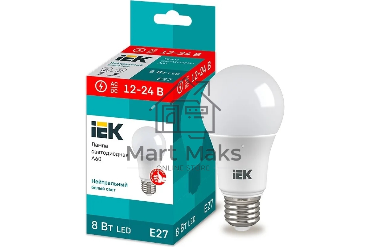 Лампа светодиодная IEK LLE-A60-08-12-24-40-E27 A60 шар 8Вт 12-24В 4000К E27 (низковольтная)