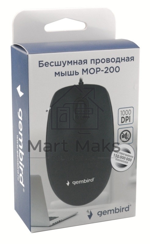 Мышь проводная Gembird MOP-200 черный, 1000 dpi, USB, кнопки - 3