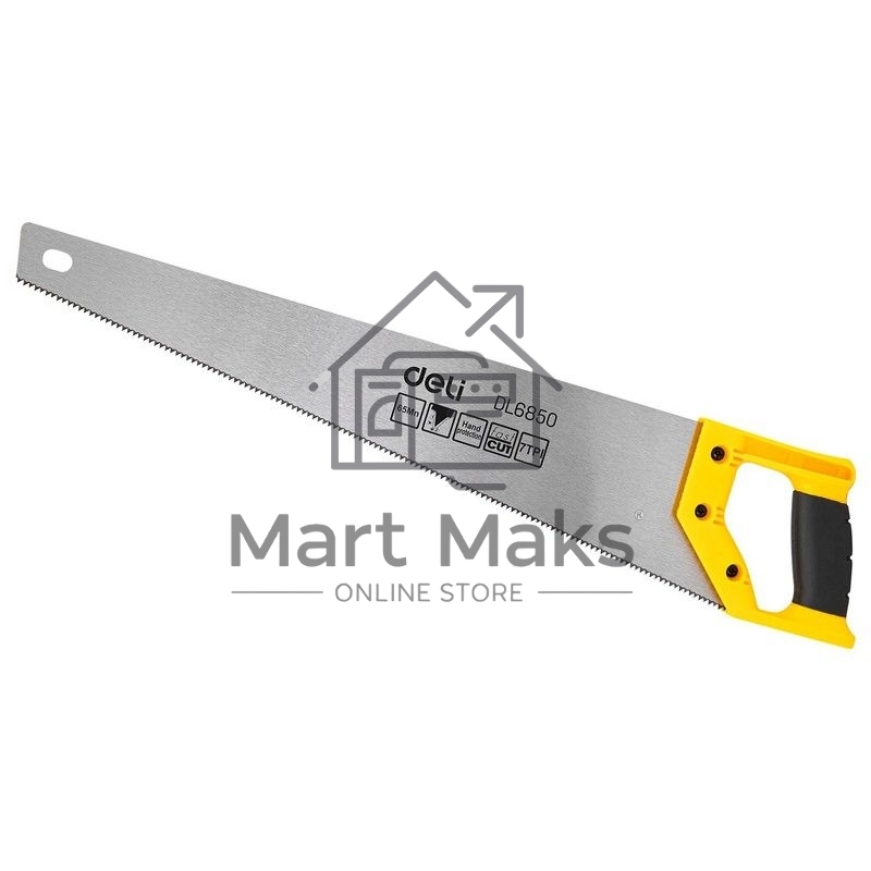 Ножовка по дереву Deli DL6850 500мм Материал: 65Mn. Термообработанная поверхность. Зубья пилы: 7 TPI. Шлифовка зубов с 2-х сторон. Литая ручка из двухкомпонентного противоударного пластика.