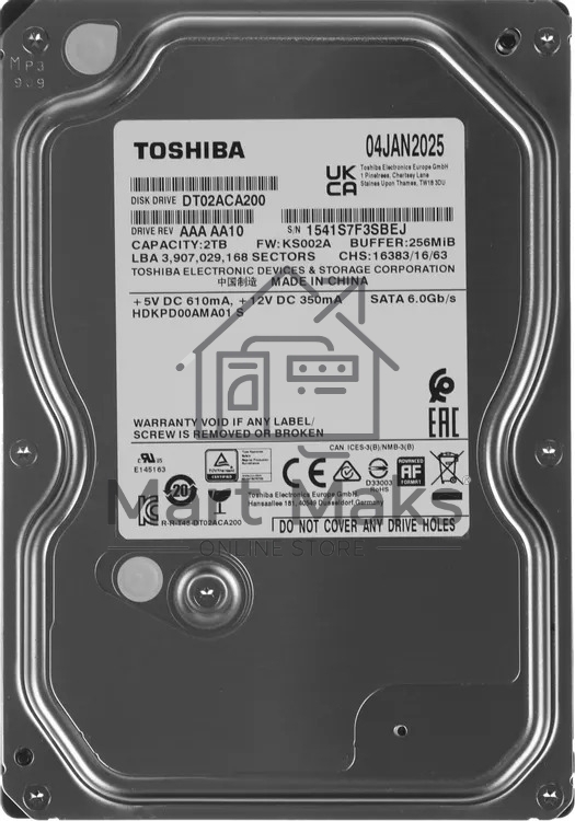 Жесткий диск HDD Toshiba DT02 2Tb 7200rpm SATA-III 256Mb 3.5