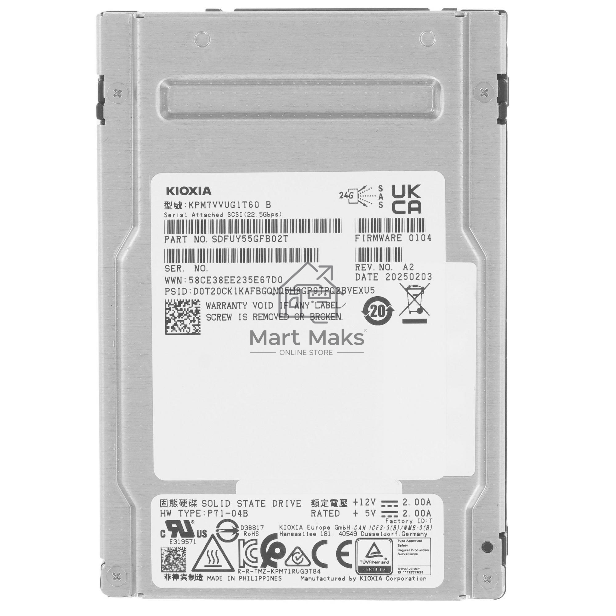 Накопитель SSD KIOXIA SSD PM7-V, 1600Gb, 2.5