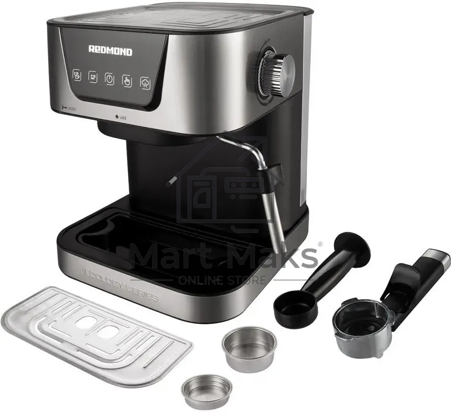Кофеварка рожковая Redmond RCM-M1513 серебристый/черный, исп. кофе - молотый, 1.5 л, 1050 Вт, 15 бар