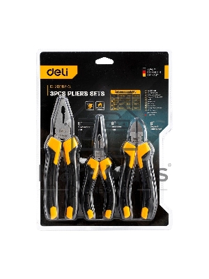 Набор плоскогубцев Deli DL2008Z-3 8-дюймовые комбинированные плоскогубцы, 6-дюймовые длинногубцы, 6-дюймовые диагональные плоскогубцы. Высокоуглеродистая сталь. Двухкомпонентная ручка