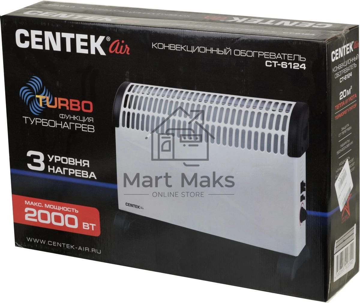 Конвектор Centek CT-6124 белый, 750/1250/2000 Вт, 20 м2, механический термостат