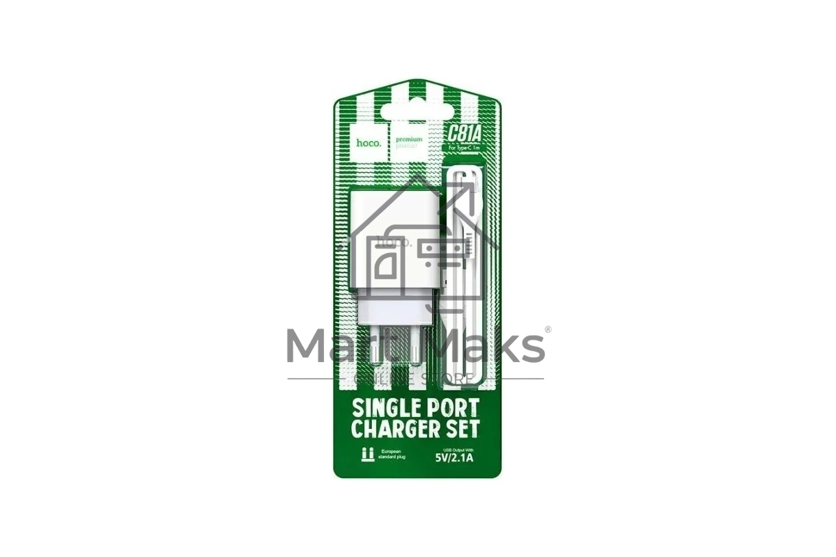 Блок питания (сетевой адаптер) HOCO C81A Asombroso single 1xUSB с кабелем Type-C, 2.1A, 10W, белый