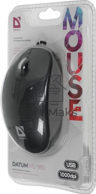Мышь проводная Defender Datum MS-980 черный, 1000 dpi, USB, кнопки - 3