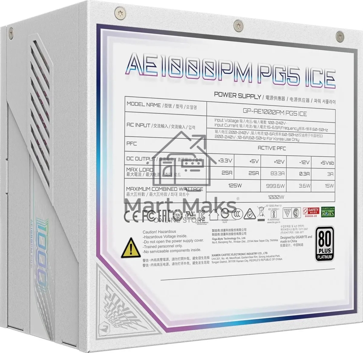 Блок питания Gigabyte ATX 1000W GP-AE1000PM PG5 ICE Gen.5 80 PLUS platinum (20+4pin) APFC 120мм fan 16xSATA Cab Manag RTL